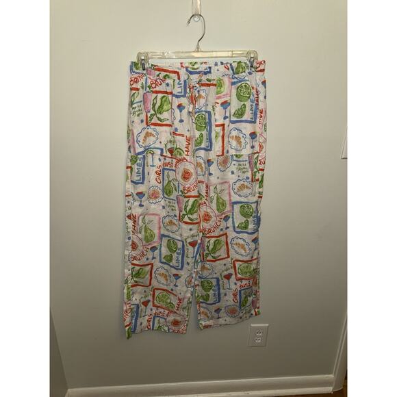 Cynthia Rowley Womens 100% Linen White Pants Pattern Wide Leg Euro Summer Large - Picture 1 of 4